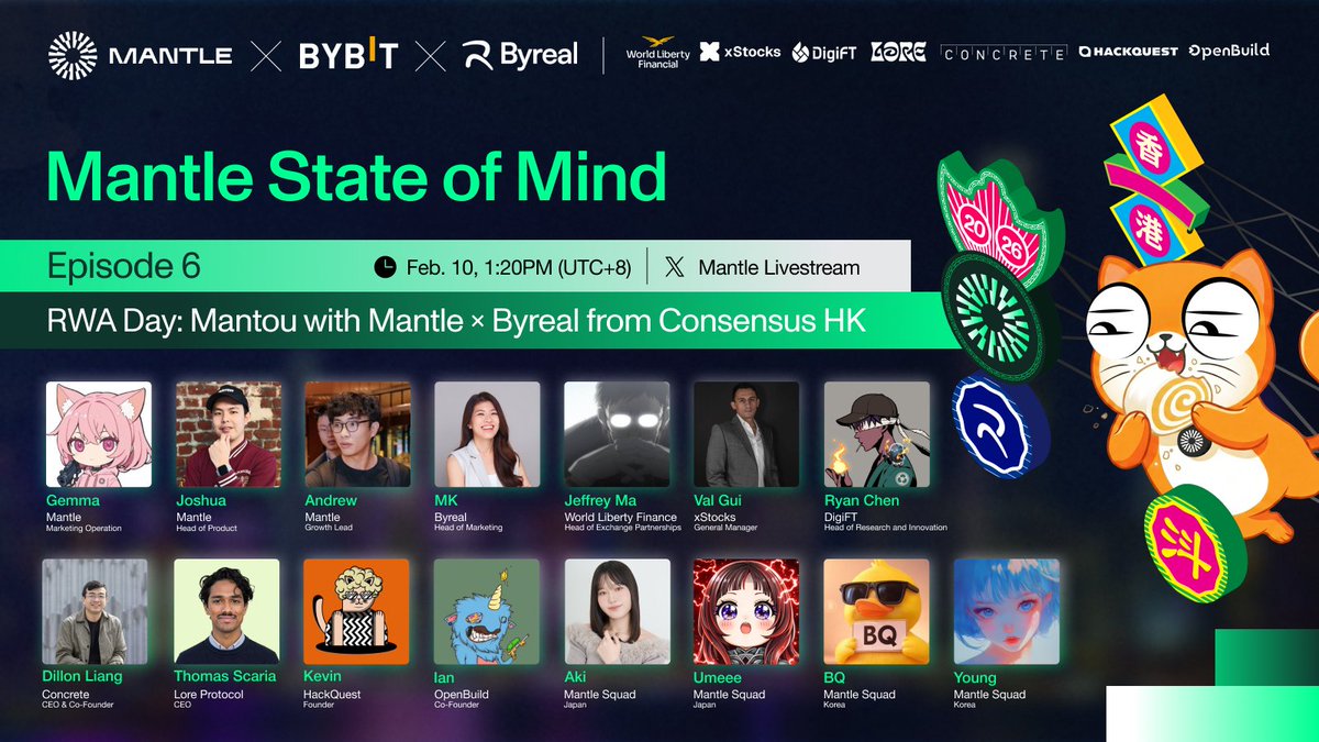 Can't make it to Mantle RWA Day? We're bringing it to you.

Mantle State of Mind Ep. 06, the biggest stage we've had by far, will be broadcasted live from Consensus HK to anywhere you are across the globe.

🗓️ Feb. 10, 1:20PM UTC+8 (EN)
📍 Mantle Official 𝕏

What to expect:
→