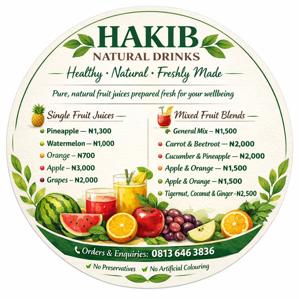 We offer the best from our Pure, Natural Drinks of all kinds of fruit...
Healthy for all Ages...
Your patronage is a big help and also Referrals. Always available even during the Ramadan.
📱08136463836
🛵 Delivery Nationwide 
Your satisfaction is our priority