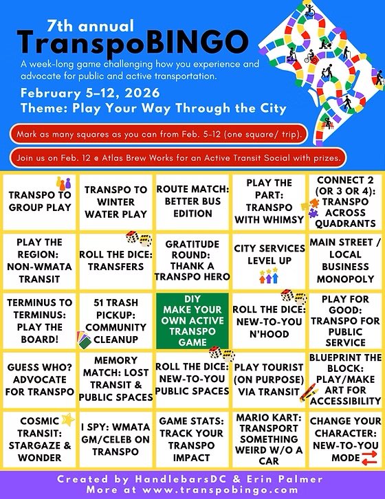CMLewisGeorgeW4's tweet image. #Ward4, TranspoBINGO boards are live! 🚴🏾🚄🎱

Over the next week, find events happening across the District at transpobingo.com. As always, safety and care for one another comes first, so make sure to travel safely and look out for your neighbors.
 
See you out there!