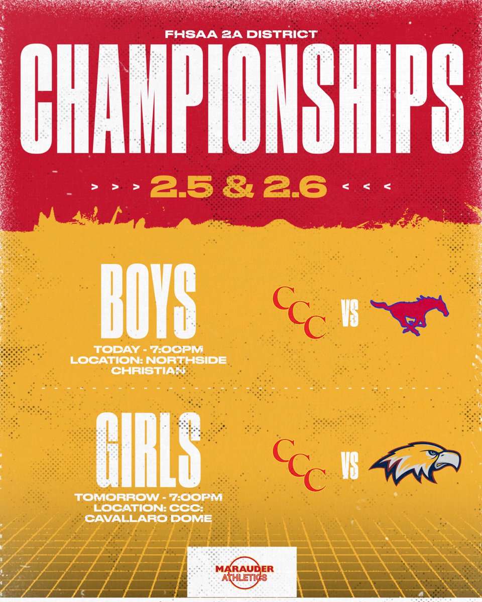 CCCMarauders's tweet photo. 📣 District Championship Week — Back-to-Back Nights! 💪 🏀
Get ready, Marauder fans! We’ve got two straight nights of district championship action, and we need ALL of #MarauderNation showing up loud and proud! 🙌
🏀 TONIGHT — Thursday, February 5
CCC Boys Basketball takes on Northside Christian in the District Championship!
📍 At Northside Christian
⏰ 7:00 PM tip-off
🎫 https://t.co/M8rlaTtKk6
🏀 TOMORROW — Friday, February 6
CCC Girls Basketball hosts Indian Rocks Christian in our District Championship!
📍 The Cavallaro Dome
⏰ 7:00 PM
🎫 https://t.co/ZSt43fAnU6
Both games will be streamed on the NFHS Network!
#GoMarauders 🔴🟡
@Biggamebobby
@FryeChuck