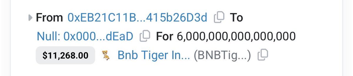 BnbTigerInu's tweet image. Dear BNBTigerArmy! 
Just now, In order to promote the growth of BNBTiger

team burn🔥 
6,000,000,000,000,000 $BNBTIGER 
（$11000）

CA: 0xf8584516b7d2c156c763c874d6813e06b57e4cb5

🔥CMC &amp;amp; CG 
📊 BitMart &amp;amp; MEXC 
🔒Liq 
🐅22.98K HOLDERS
🛡️Audit
#BNBTIGER Fierce.Firm.Victory