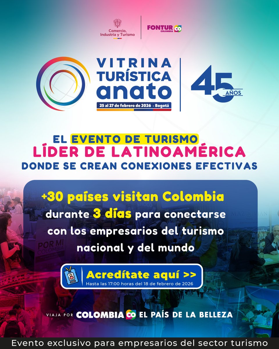 #45añosVitrinaANATO 💼 Muy pronto llegará la feria turística más importante de Latinoamérica, donde tendrás la oportunidad de generar citas de negocios con empresarios provenientes de más de 30 países. 🌍

➡️ Regístrate aquí: vitrinaturistica.anato.org/registro/
*Evento exclusivo para