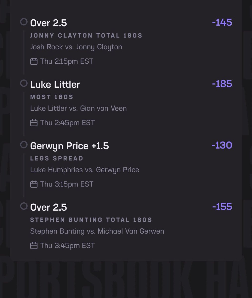 Here’s what I have on Bovada and #HardRockBet for Week 1 of the #PremierLeague of Darts. I recommend playing .5U max other than the 3rd slip which can be 1U. Let’s get some money 💰 today! #Darts #GamblingX