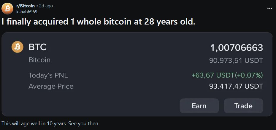 BitcoinSapiens's tweet photo. "I finally acquired 1 whole bitcoin at 28 years old." ��� https://t.co/3u6cX5q2VA