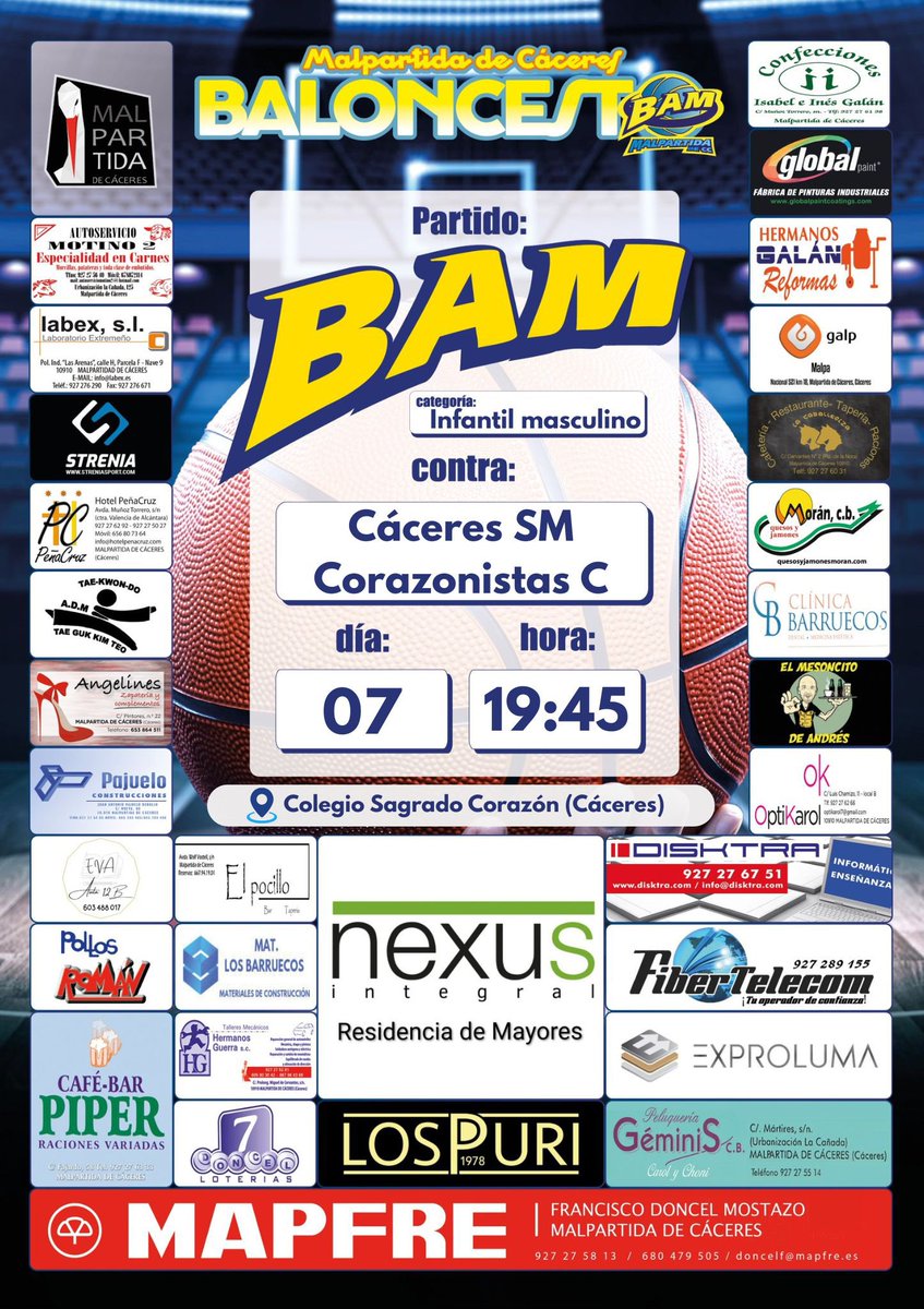 BAMALPARTIDA's tweet photo. Jornada 06/0 de febrero ⛹️‍♀️⛹️‍♂️
📆Aquí os dejamos los horarios de nuestros equipos durante este fin de semana 💪🏼💪🏼
Juegan en casa nuestro alevín mixto y el sénior masculino 💛💙
Además, el sábado por la mañana tenemos la convivencia babybasket en nuestro pabellón. https://t.co/fdchNWUIWh