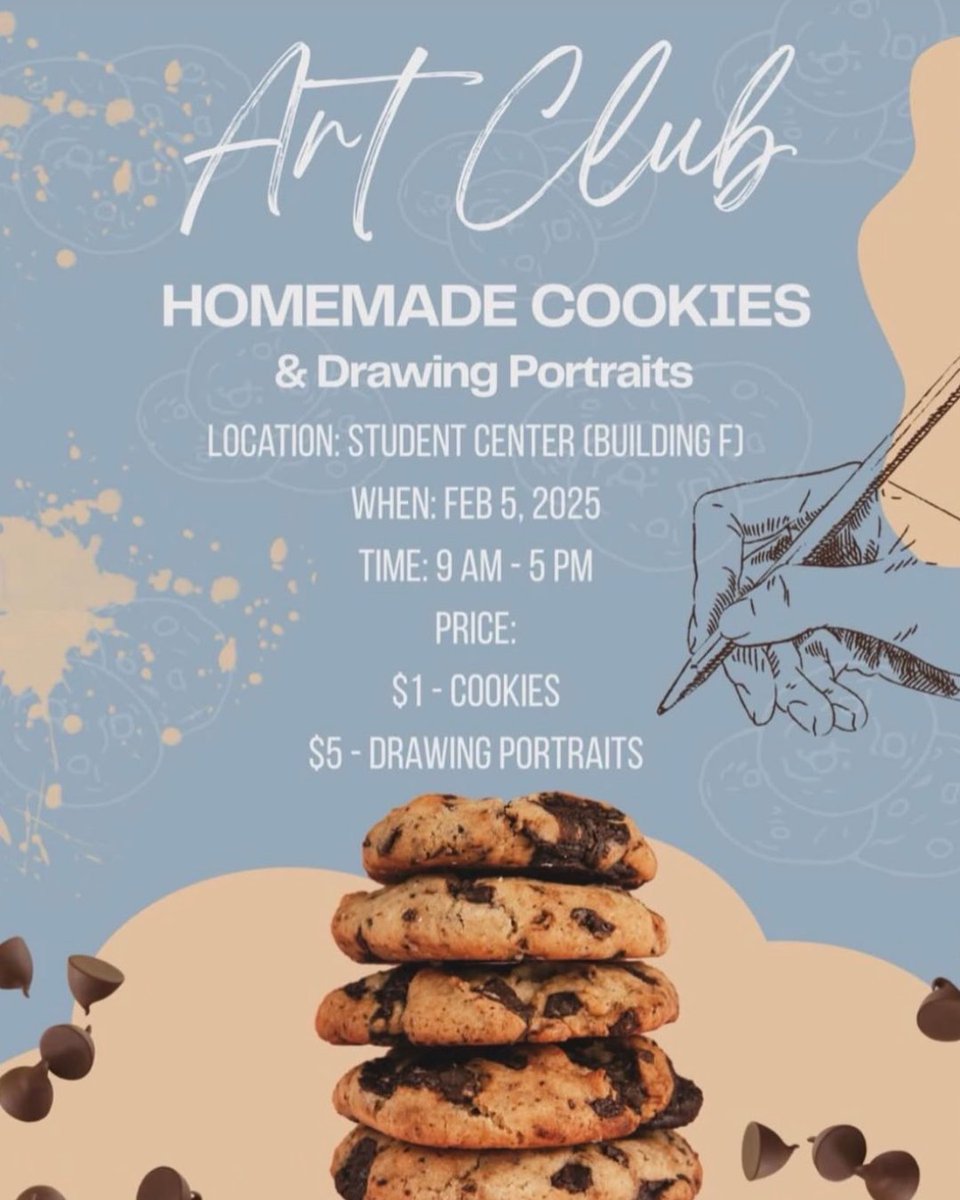 The Bryan Art Club is hosting a club fundraiser today (2/5). Find them in the Student Center between 9 AM - 5 PM. Snack on some delicious homemade cookies and have a mini portrait drawn!