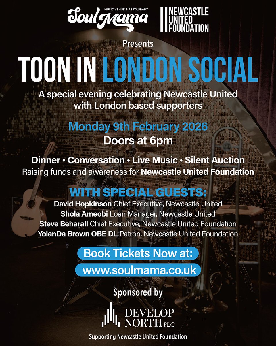 yolandabrown's tweet photo. Calling All London based @NUFC Newcastle United fans! Special London event 9th Feb @SoulMamaLondon for @NU_Foundation - Book Here; https://t.co/zf246S2p8M #nufc #Newcastle #newcastleunited #londonmags #toonarmy #geordies #magpies #newcastleunitedfoundation https://t.co/zmD8lQ6kyN