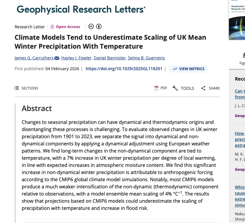 A paper released yesterday suggests that an increase in UK winter rainfall can be partially attributed to anthropogenic warming, with roughly a 7% increase per 1ºC of local warming - this is more than what global climate models tend to anticipate (mean is around 4%).