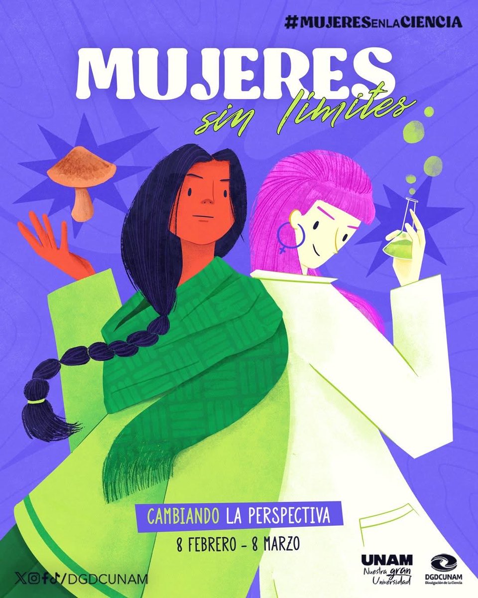 DGDCUNAM's tweet photo. Las mujeres en la ciencia alzan la voz, rompen barreras y crean caminos. 📣💜✨

Ya viene #MujeresEnLaCiencia, la campaña que busca romper los límites y cambiar la perspectiva que el mundo ha impuesto. 

8 de febrero 
#MujeresSinLímites #CambiandoLaPerspectiva https://t.co/j0selgw2RQ
