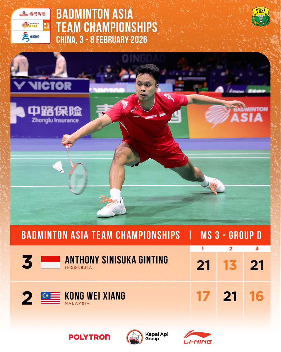 REMONTADAAAA!!!! 🆙🆒

Kapten Ginting bawa Indonesia meraih kemenangan atas Malaysia sekaligus jadi juara grup D. Nice work! 🫡🇮🇩

#BadmintonIndonesia #BadmintonTeamAsiaChampionships2026 #BATC2026