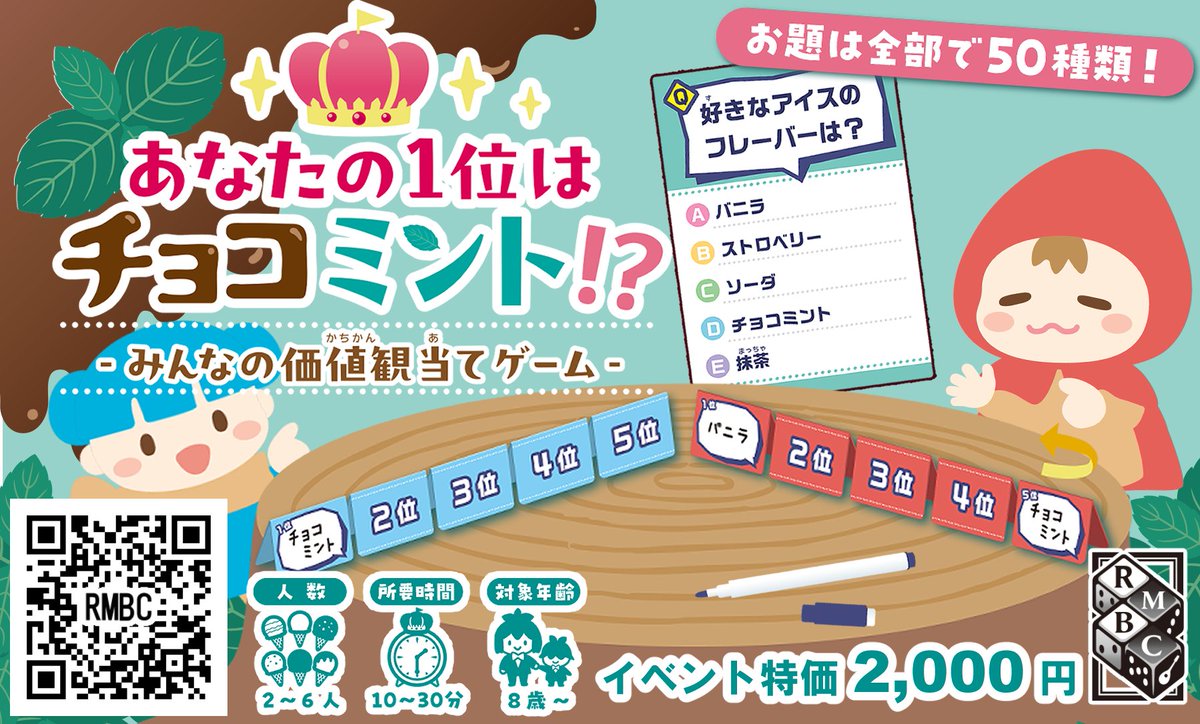 RMBC2021's tweet photo. ゲームマーケット2026春🌸
ブースカット完成です✨

RMBCの新作は
🌿『あなたの1位はチョコミント!?』🌿

それぞれでランキングを作成し、
お互いに当て合う楽しいパーティゲームです☺️

#ゲームマーケット2026春 #ボードゲーム https://t.co/TxBJME8Zr4