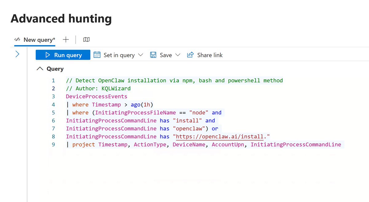 0x534c's tweet photo. OpenClaw Installation Detection on MDE

CrowdStrike has published a detailed blog on why security teams need to be cautious about OpenClaw. I shall not dwell further on this topic but to share with fellow MDE Defenders a KQL to detect 3 types of OpenClaw installation on MDE platform. 

CrowdStrike Blog: "What Security Teams Need to Know About OpenClaw, the AI Super Agent"
Link: https://t.co/FqgSng1Y52

KQL Code Download:
https://t.co/TKwVrjaSF8 - https://t.co/fSOerGcjDE
Github Mirror - https://t.co/LD2Lkn4jhL

#Cybersecurity #OpenClaw #DefenderXDR #ThreatHunting