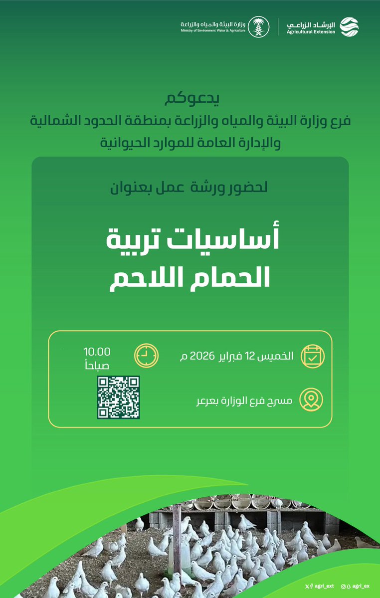 agri_ext's tweet image. يدعوكم فرع الوزارة بمنطقة #الحدود_الشمالية لحضور #ورشة_عمل للتوعية بأساسيات تربية #الحمام_اللاحم 

🗓️ الخميس 2026/2/12 م 
⏰ 10:00 صباحًا 
📍مسرح فرع الوزارة بعرعر

#ورش_عمل