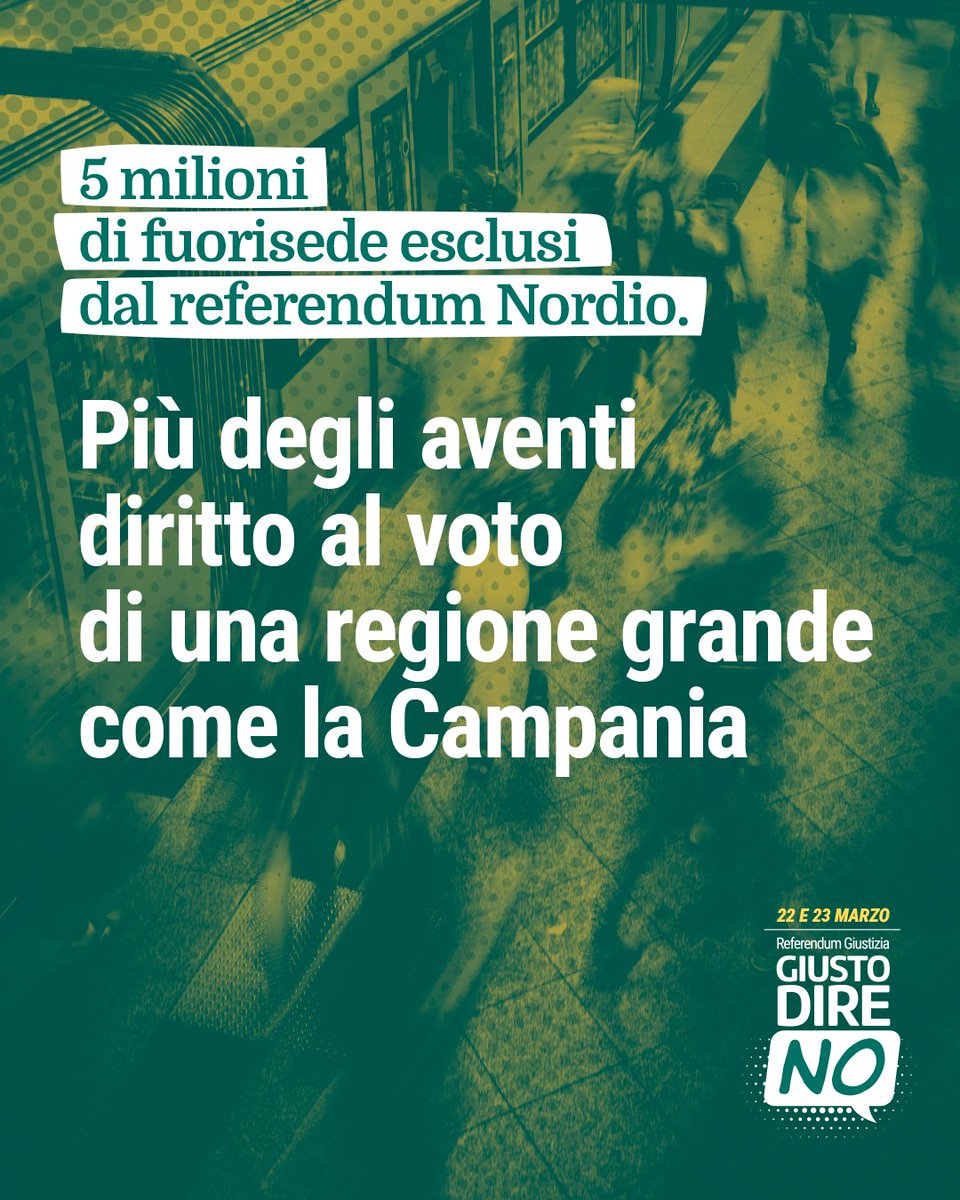 Oltre 5 milioni di italiani fuori sede non potranno votare al referendum del 22–23 marzo.
Studiano, lavorano o si curano lontano da casa.
Negare loro il voto è uno schiaffo alla democrazia.
Il diritto di voto va garantito a tutti, soprattutto quando si tocca la Costituzione.