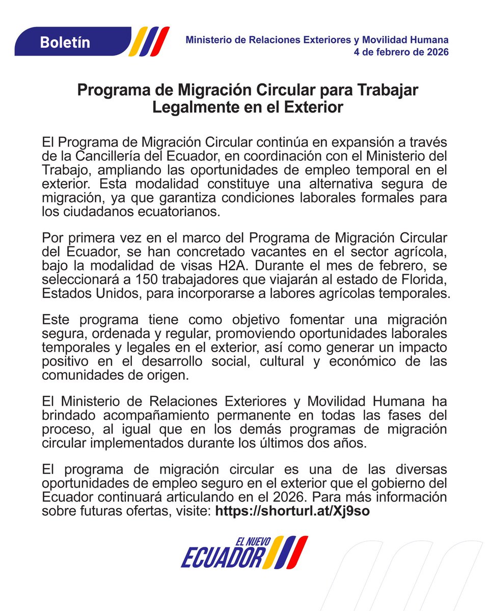 Boletín |

Programa de Migración Circular para trabajar legalmente en el exterior.