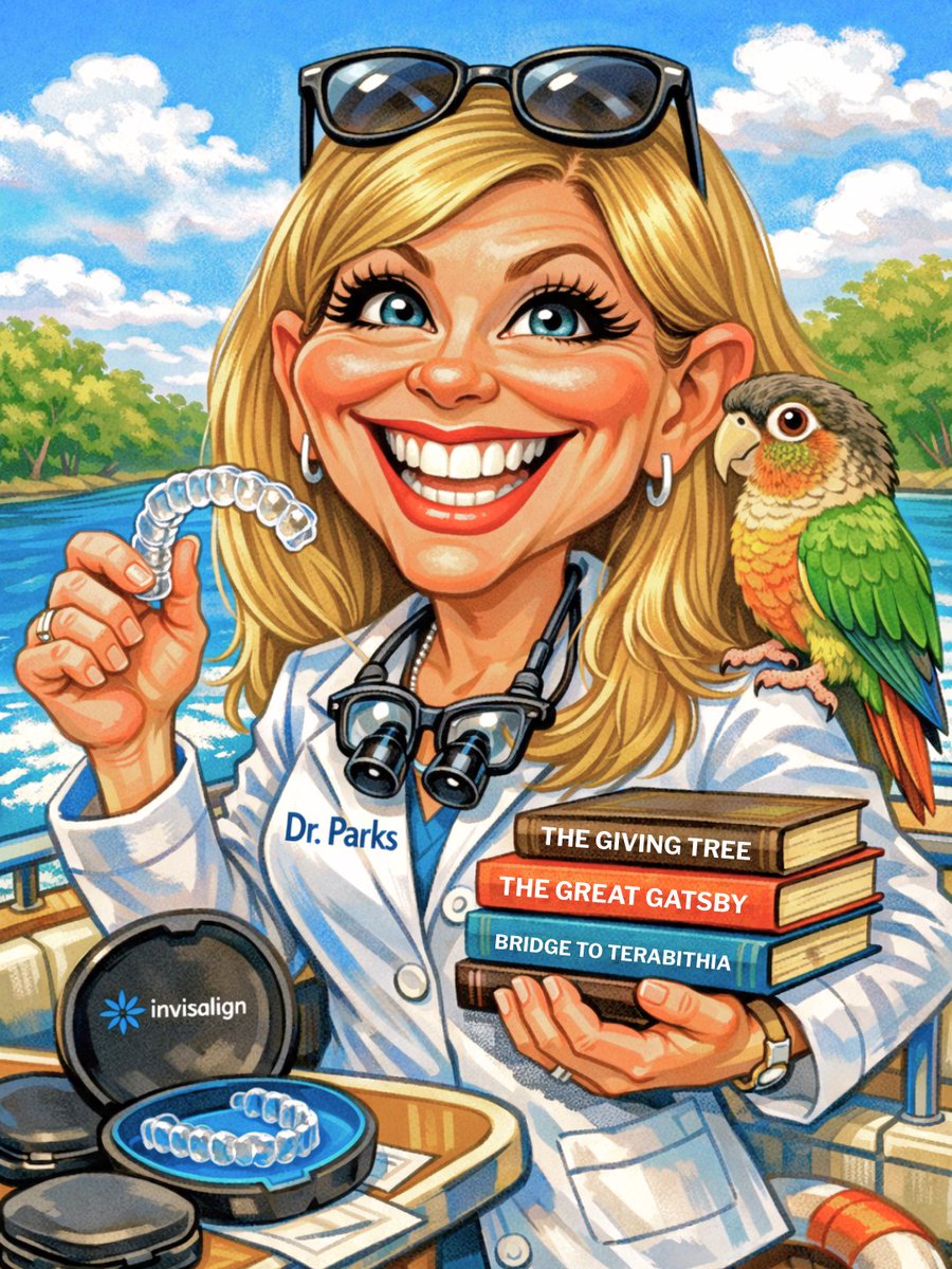 ParksOrtho's tweet image. Dr. Parks’ official caricature, filled with everything she loves. 🦷📚🛥️

Invisalign smiles, river days, good books, and her feathered sidekick all in one fun illustration! 🦜💙

#DrParks #InvisalignProvider #CaricatureArt #OrthoLife #Orthodontist