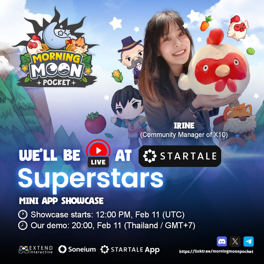 MMPgame's tweet image. 🎉Excited to join @StartaleGroup Superstars Showcase
.
We’ll be showcasing our Morning Moon Pocket demo on the Startale App Mini App Showcase. Thrilled to join the @soneium ecosystem and share what we’ve been building.
.
📅Feb 11th, 12 PM UTC
⏰7 PM (Thailand/GMT+7)
📌@ethereum