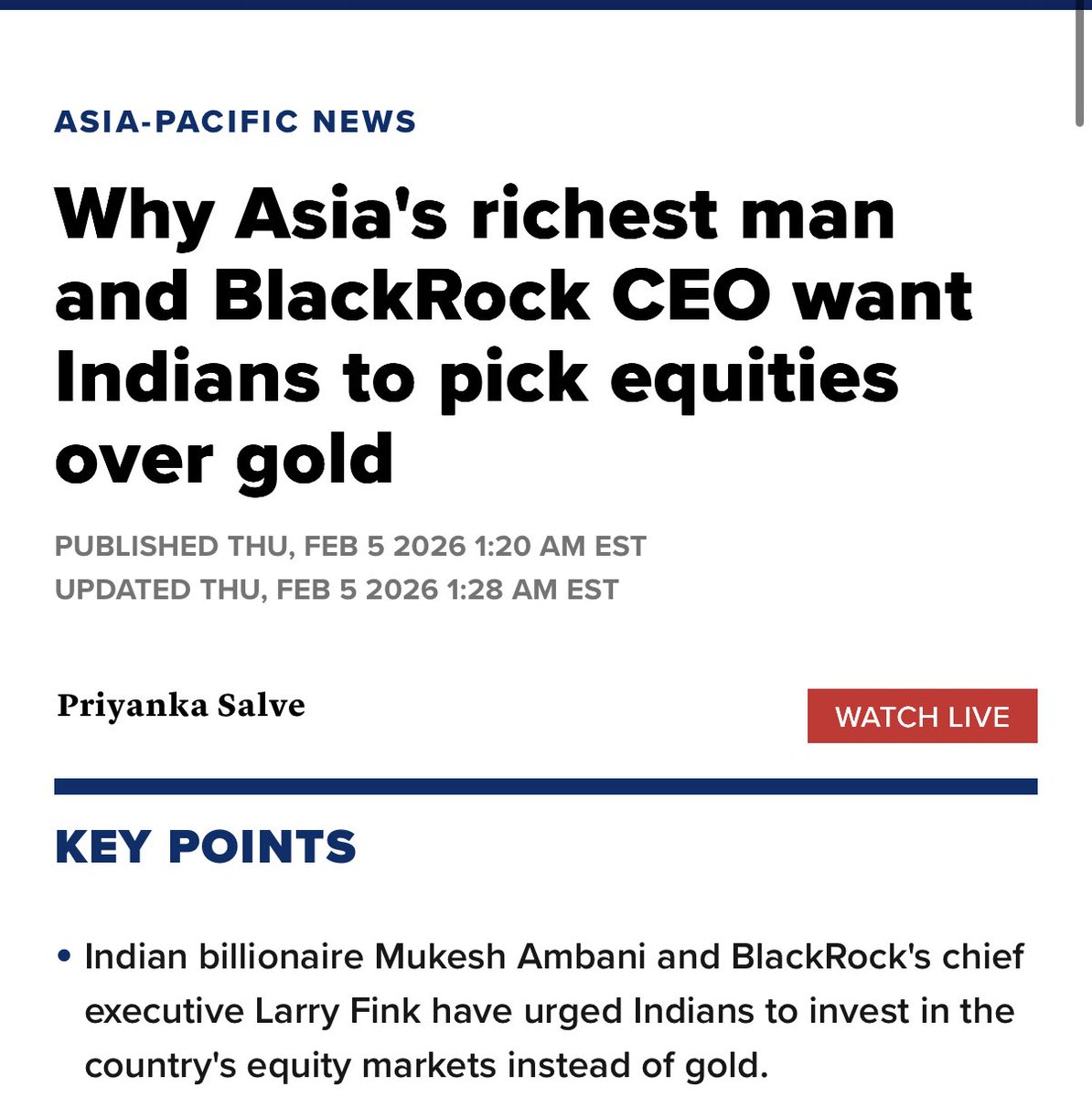 BcnRob's tweet photo. @IntlStacker⁩ CNBC 
Blackrock CEO Larry Fink wants India citizens to sell their gold and invest in equities (his) for next 10-20 years. Huh https://t.co/CWcW2SaDQA