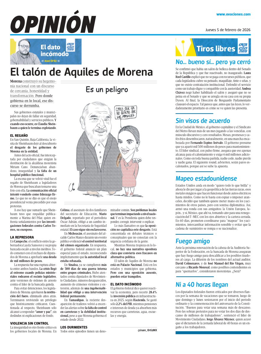 🗳️📌 EL TALÓN DE AQUILES DE MORENA

En Baja California, ciudadanos le exigieron a Sheinbaum la salida de la alcaldesa de San Quintín.

En Campeche, el pleito entre la gobernadora Layda Sansores y diputados de Morena llevó a revivir el fuero.

En Sinaloa, la guerra lleva más de