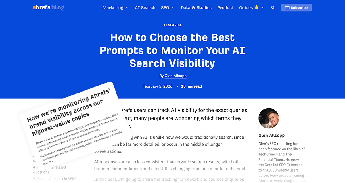 ViperChill's tweet photo. I'm back on the Ahrefs blog, sharing my thoughts on custom prompt tracking.

I like to think I've shared some practical ideas without overhyping the insights you can derive from it (or many prompts you should track). 

This has understandably been a divisive topic in SEO over the past few months, which is something I generally avoid.

But, like I did with my listicles research, I spoke with people strongly for and against it, and combined that with my own experiences.

AI search responses are something I like to monitor myself, so thought I would share how I choose queries to track, and what I’m looking to get out of them.

I'm sure my thoughts will evolve here over time as interfaces change, data sources improve and models are updated, but here's where I'm at for now.

I hope you find it useful!

P.S. It's the latest post on the Ahrefs blog, and I'll also link to it in the comments below. Thank you! 🙏