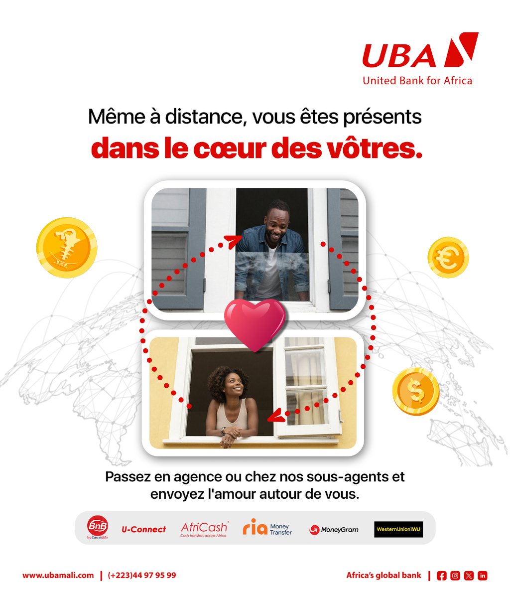 UBA_Mali's tweet image. L’amour voyage, l’argent aussi. ❤️✈️​
Reçois ou envoie de l’argent rapidement​ avec les services de remittance UBA pour rester proche, même à distance.​

#UBARemittance #Transfertdargent #MoneyGram #AfriCash #Ria #Westerunion #uconnect #cauridor #ubamali  #africasglobalbank
