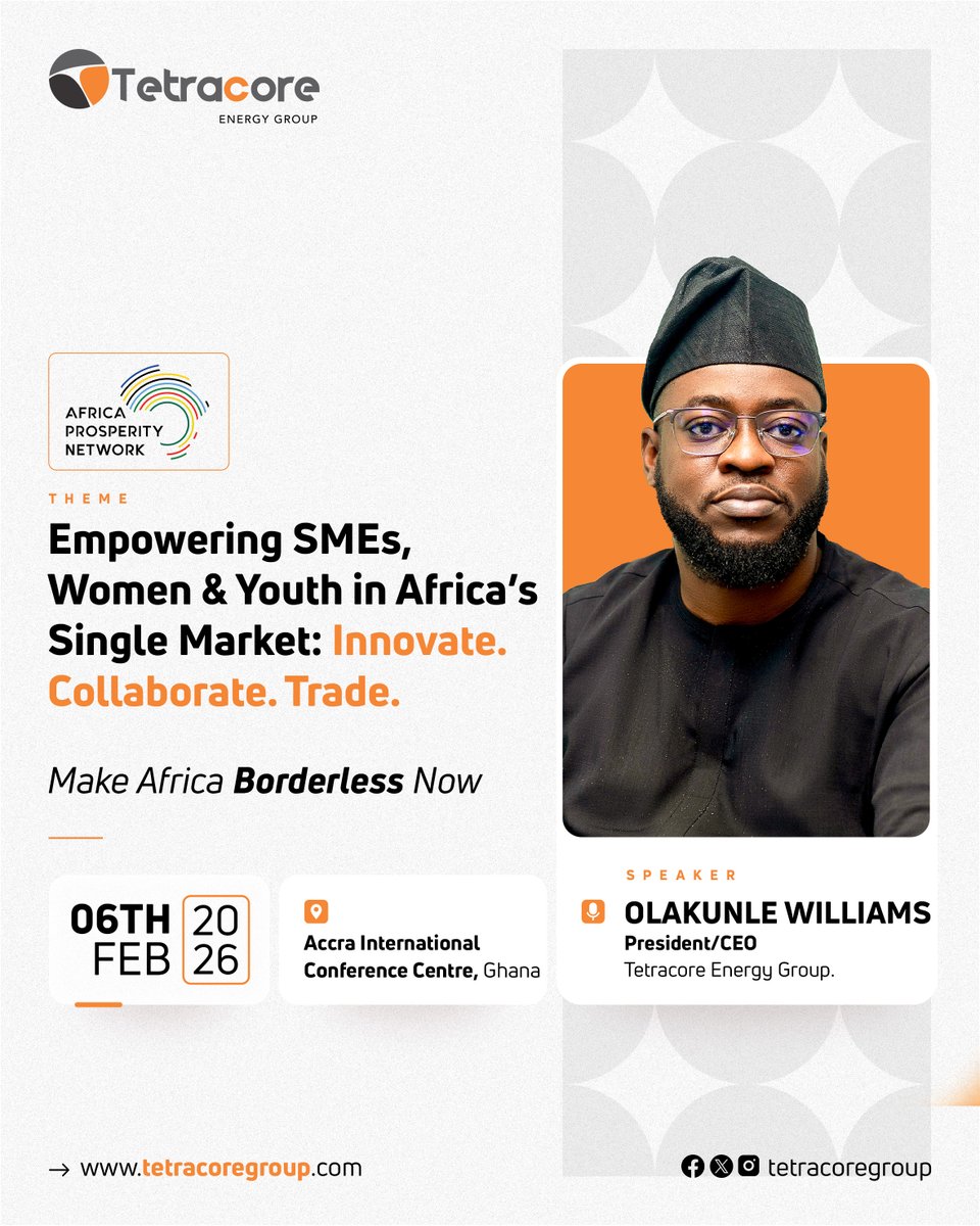 At the Africa Prosperity Dialogue, Tetracore Energy Group will be represented as our CEO speaks on empowering SMEs, women, and youth as key enablers of Africa’s single market.

#Ghana