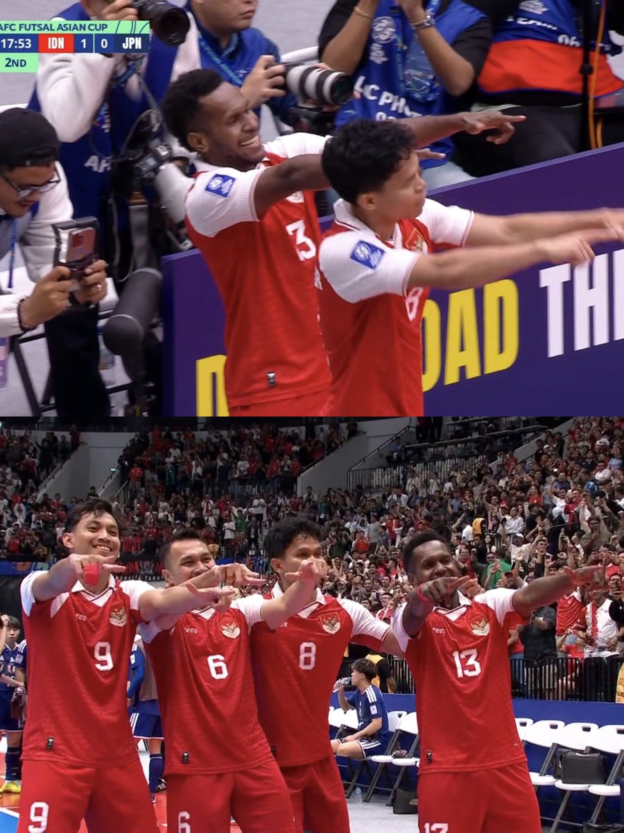 AFC Futsal 2026
AET : Indonesia 5-3 Jepang

⚽ Samuel Eko 
⚽ Ardiansyah Nur 
⚽ Firman Adriansyah
⚽ Reza Gunawan 
⚽ Dewa Rizki

Indonesia lolos ke final, Indonesia lolos ke final, Indonesia lolos ke final 👊😭😭😭🇮🇩🔥