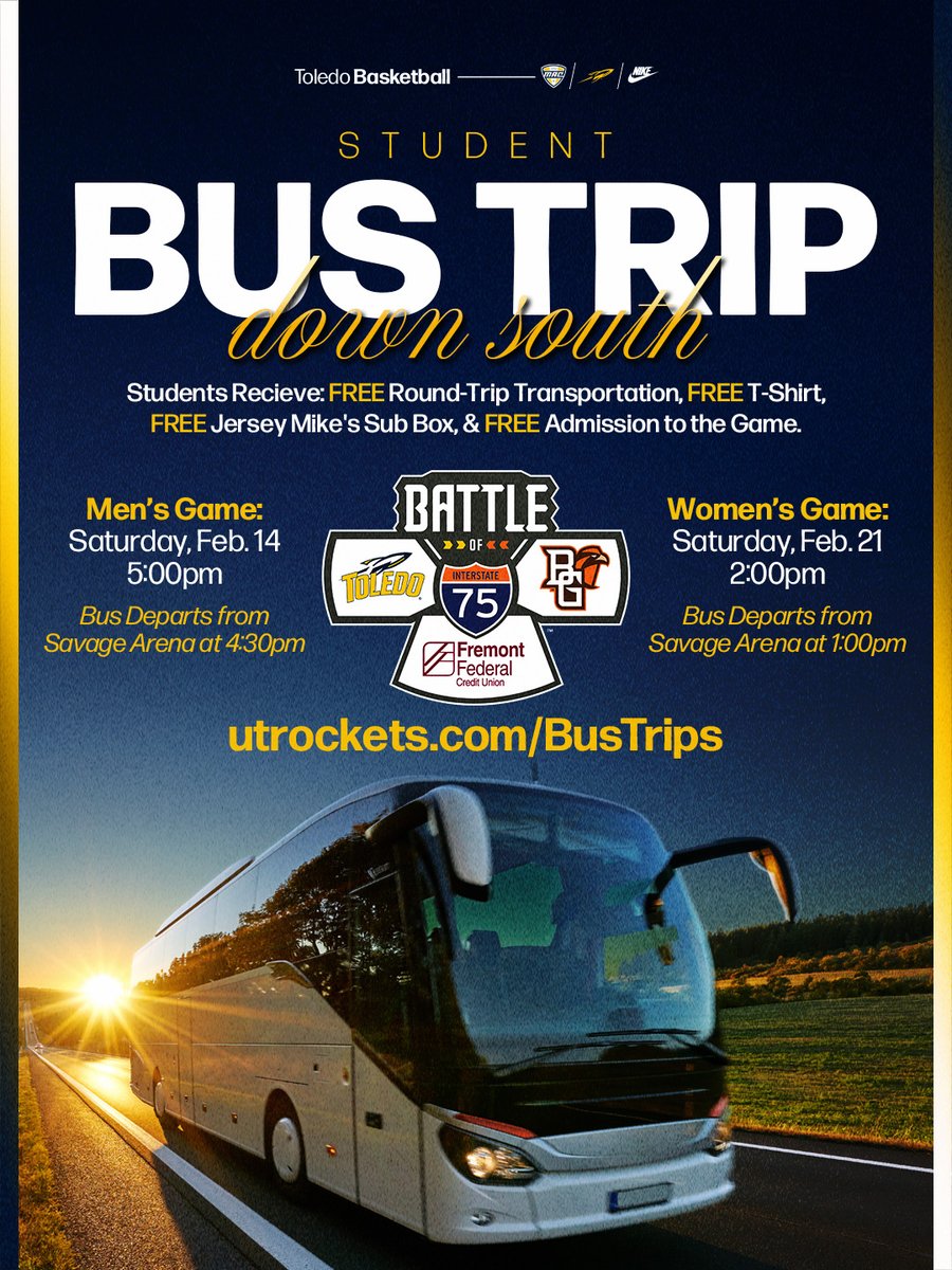 Who's ready for a road trip?🚀🏀 

FREE round-trip transportation to the Rocket Basketball games at that school down south. FREE shirt, FREE <a href="/jerseymikes/">Jersey Mike's Subs</a>, FREE admission to the game is included! Click the link below to reserve your spot!

🚌: utrockets.com/BusTrips

#TeamToledo