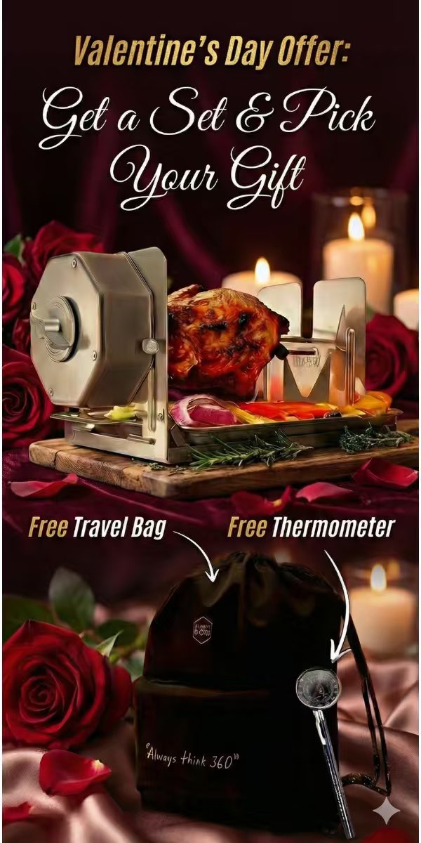 Don’t miss out. Valentine’s FREEBIE — Limited Time Offer! 💝🎁
Pick your gift with any bundle purchase:
1️⃣ Travel Bag
2️⃣ Thermometer

Perfect for date-night feasts, backyard cooks, or off-grid adventures.

#ValentineSpecial #FreebieAlert #RotoQ360 #GiftWithPurchase #CrankItUp
