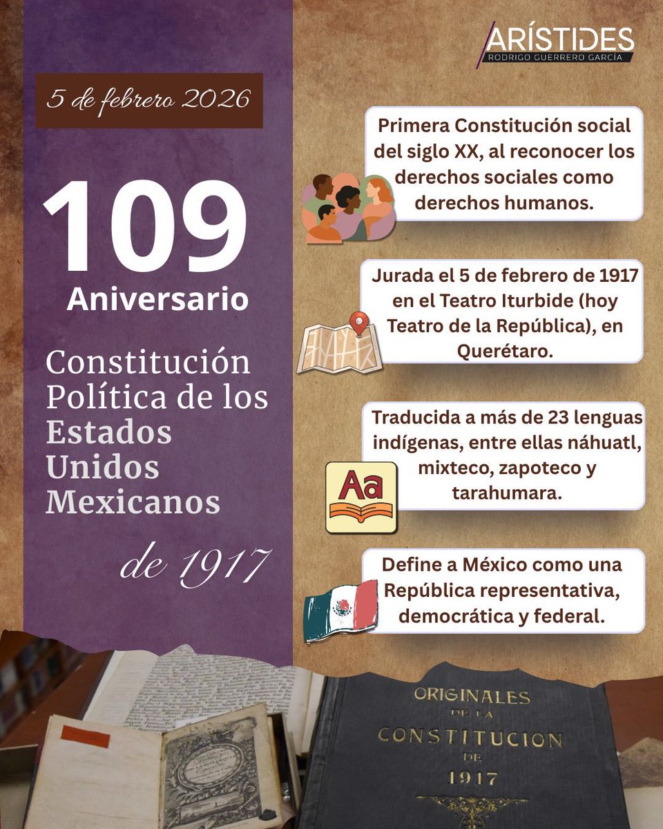 AristidesRodri's tweet photo. 🇲🇽📜 Hoy conmemoramos la promulgación de la Constitución Política de 1917.
Primera Constitución social del siglo XX, base del Estado de Derecho y pilar de la democracia mexicana.

#SCJN #5DeFebrero #Constitución1917 #EstadoDeDerecho #Democracia #HistoriaConstitucional https://t.co/HRZO1VZ8yW
