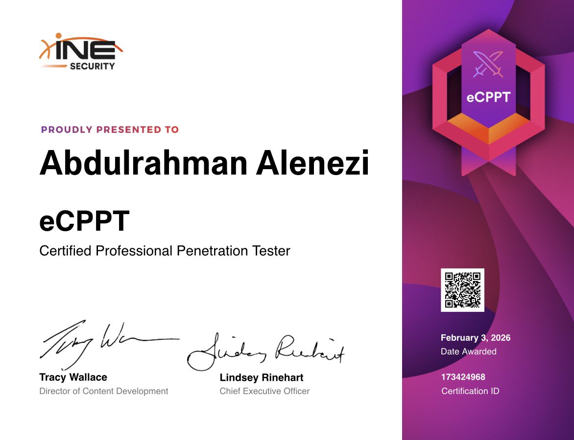 BarodTechX's tweet photo. I’m proud to announce that I’ve successfully earned my eCPPT (eLearnSecurity Certified Professional Penetration Tester) certification from INE Security! 🔐
#Cybersecurity #PenetrationTesting #eCPPT #SecurityResearch #Inf https://t.co/k2cW0GnwrI