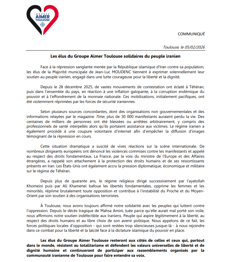 [COMMUNIQUÉ] #Iran : "Les élus du Groupe Aimer Toulouse resteront aux côtés de celles et ceux qui, partout dans le monde, résistent au totalitarisme et défendent les valeurs universelles de liberté"

📢Retrouvez ici l'intégralité du communiqué de presse ⤵️