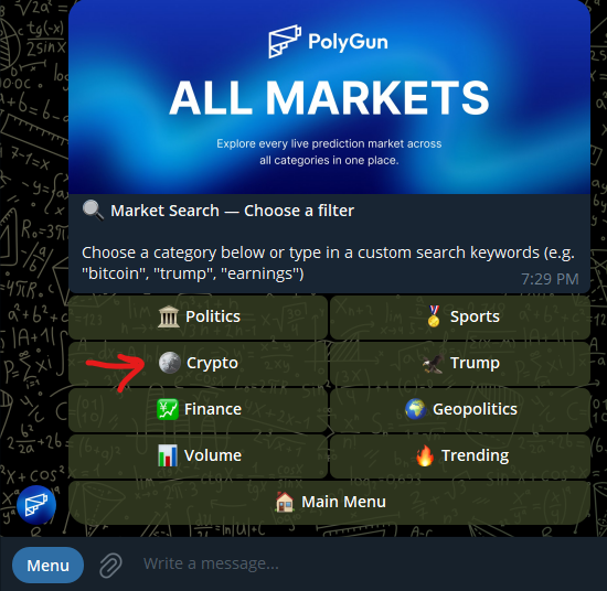 smartmaxidegens's tweet photo. 🟢The Ultimate MONEY Glitch by #Polymarket bot @polygun_ 

STEP BY STEP GUIDE ON HOW TO PLACE BET USING TELEGRAM BOT:

Step 1: Tap here 
https://t.co/xDbdKiWbEB

Step 2: Tap on 'Markets'

Step 3: Tap on '#Crypto'

Step 4: Tap on 'UP/DOWN Crypto'

Step 5: Select your desired Coin, i,e, $BTC, $ETH, $SOL, $XRP, $GOLD etc.

EASIEST TO BET.

TIP: Just open a chart on another device, may it be a laptop, PC, or second phone. Draw Support and Resistance, and BET for UP or DOWN.

VERY SIMPLE
TRY YOUR LUCK✅