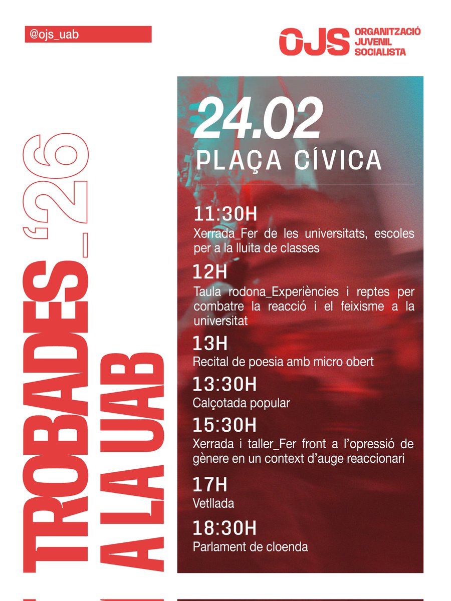 OJS_CAT's tweet photo. 🔴 || Trobades a les Universitats

Compartim tots els actes que durem a terme aquest febrer. Fem de les universitats escoles per a la lluita de classes!

➡️ 24/02: UAB
➡️ 24/02: UB Diagonal
➡️ 24/02: UdG
➡️ 25/02: UB Central
⬇️ https://t.co/cdVw9GtcIZ