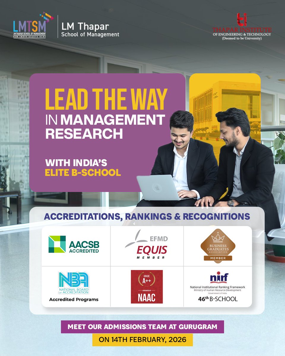 We invite aspiring future leaders to meet our Admissions Team in Gurugram and explore what it truly means to be part of India’s elite, globally accredited B-School.

Stay tuned for more details. 

#LMTSM #ThaparInstitute #Admissions2026 #MeetLMTSM #ApplyNow #MBA #PGDM #HigherEd
