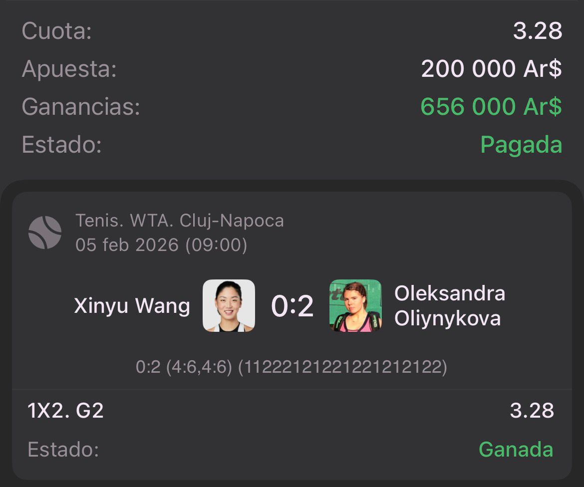 🎾✅ Excelente lectura en nuestro grupo VIP
Oleksandra Oliynykova, una gran tenista claramente infravalorada por las cuotas.

Además, detectamos en vivo la lesión de su rival, lo que nos permitió anticiparnos y asegurar un pick con alto valor.