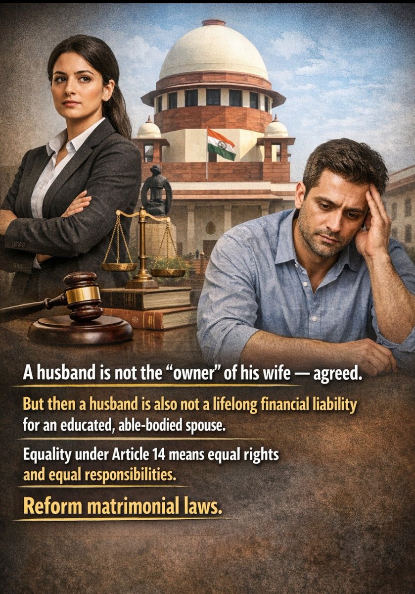 TrumpSaveBharat's tweet photo. A husband is not the owner of his wife — agreed.
But then a husband is also not a lifelong financial liability for an educated, able-bodied spouse.
Equality under Article 14 means equal rights and equal responsibilities.
Reform matrimonial laws. https://t.co/BkGEj9BHQB