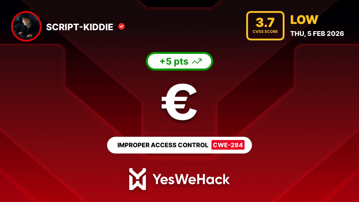 halas_exe's tweet photo. Just got a reward for a vulnerability submitted on @yeswehack -- Improper Access Control - Generic (CWE-284).  #YesWeRHackers https://t.co/qMJVkpgz6v