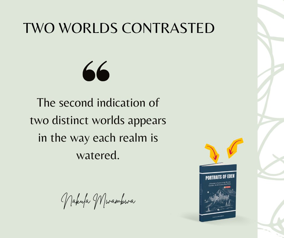 nekutwits's tweet photo. The second indication of two distinct worlds appears in the way each realm is watered. Genesis describes the earth at a stage before cultivation, noting that “every plant of the field” was not yet in the earth and “every herb of the field” had not yet grown. These phrases refer not to vegetation in general but specifically to cultivated plants, agricultural crops that require both rain and human labor, conditions not yet present, “for the LORD God had not caused it to rain upon the earth, and there was not a man to till the ground.” (Gen. 2:5) The narrative clarifies this absence: Adam, the only man at the time, had not been placed in the fields of the earth to cultivate them. Instead, he would be assigned to another realm entirely, “the garden which the LORD God planted eastward in Eden”, where he was commissioned “to dress it and to keep it.” Thus, while the forests and wild growth of the earth teemed with vegetation from Genesis 1, the fields, the farmland, remained uncultivated because the man appointed for cultivation labored in a different domain.
Instead of rainfall, the text explains, “there went up a mist from the earth, and watered the whole face of the ground.” (Gen. 2:6) This describes a closed, internal system of moisture rising from below, adequate for sustaining an uncultivated landscape but limited to natural provision. It portrays the earth as a realm maintained by its own internal cycles rather than by an external source. It also points to another truth implied by the narrative: while the mist watered the entire earth, rain was an additional form of irrigation available in God’s design, one suited particularly for cultivated fields, where human labor and divine provision would work together. The absence of rain, therefore, reinforces the uncultivated state of the earth at this time.
By contrast, Eden’s garden is nourished by a river. Genesis 2:10-14 records that “a river went out of Eden to water the garden,” and that it then divided into four distinct heads, Pison, Gihon, Hiddekel, and Euphrates. ....
