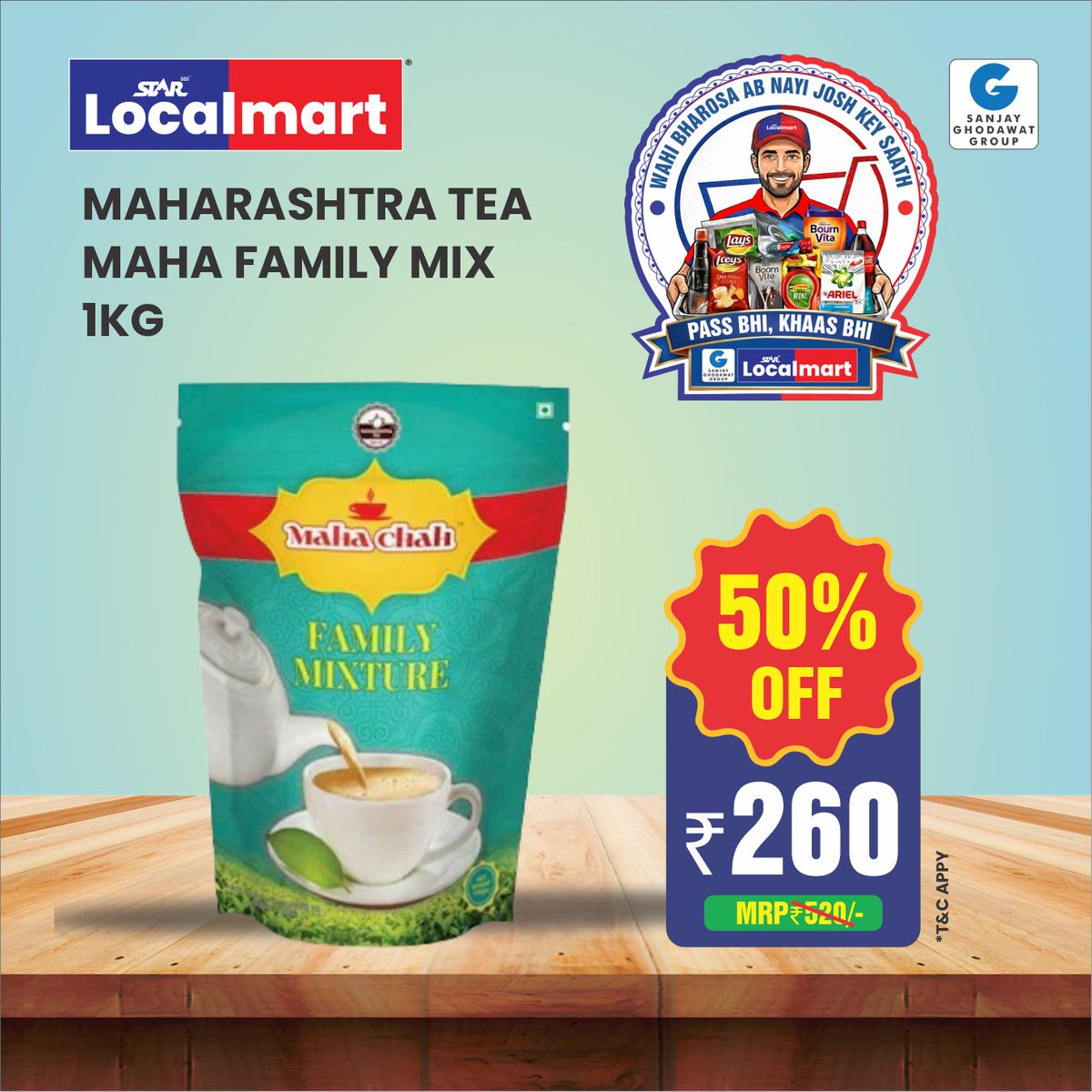 StarLocalmart's tweet photo. ☕✨ BIG TEA DEAL FOR TODAY ONLY! ✨☕

#MAHARASHTRA_TEA Maha Family Mix – 1KG Pack

💰 MRP ₹520/-
🔥 Flat 50% OFF
👉 Get it for just ₹260/-
🕒 Hurry! This special price is valid for ONE DAY ONLY!
Stock up on rich taste &amp; refreshing moments for your whole family! 🫖💛 https://t.co/M6s4MRLdrY