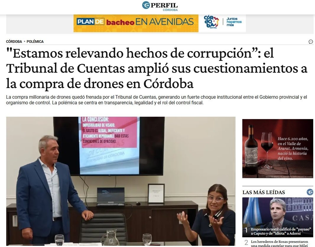 GOLPE INSTITUCIONAL A LOS CONTROLES EN CORDOBA. En un hecho inédito para la democracia argentina, la Justicia  tutelada x <a href="/MartinLlaryora/">Martín Llaryora</a>
y <a href="/QuinterosJP/">Juan Pablo Quinteros</a> allanó el Tribunal de Cuentas.  ¿El motivo? El organismo, controlado por la oposición, objetó la licitación de drones.
