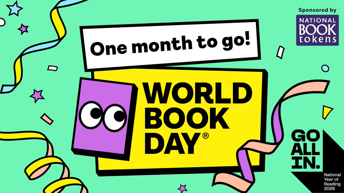 WorldBookDayUK's tweet photo. 1 MONTH TO GO!
Get ready to #GoAllIn on the fun this #WorldBookDay! Easy ways to prep for 5 March:
✨Sign up to one of our digital events
✨ Help children choose which £1/€1.50 book to pick for FREE with our 'look insides', thanks to Nielsen
✨Discover our celebration materials and resources
✨Dressing up? Download our low-cost dressing up pack for 2026
There's lots more to discover on our website - https://t.co/xvBmnSo76D