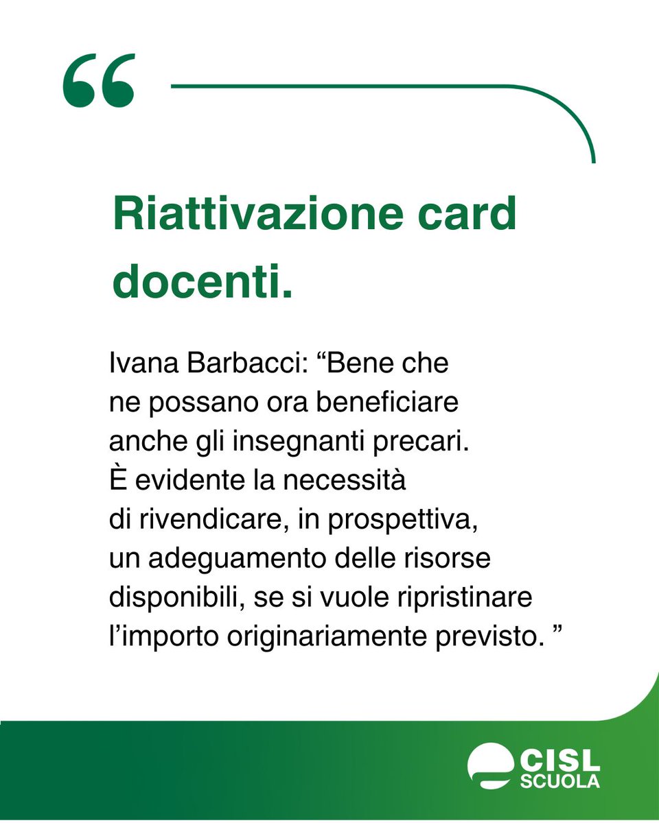 cislscuola's tweet photo. ๐ณE' in dirittura d'arrivo il decreto-legge, stilato di concerto con il #MEF, che individua il nuovo importo della #CARDdocenti per l'a. s. 2025/26: circa 400 euro. La card sarร destinata anche al #personale con contratto a #tempodeterminato al 30/06 e al 31/08.
Il decreto รจ intervenuto anche sulla lista dei beni acquistabili. Per sapere di piรน su questo argomento e leggere per esteso la dichiarazione della segretaria generale della #CISLScuola, @IvanaBarbacci, clicca il link ๐ https://t.co/JoT8Cp609t