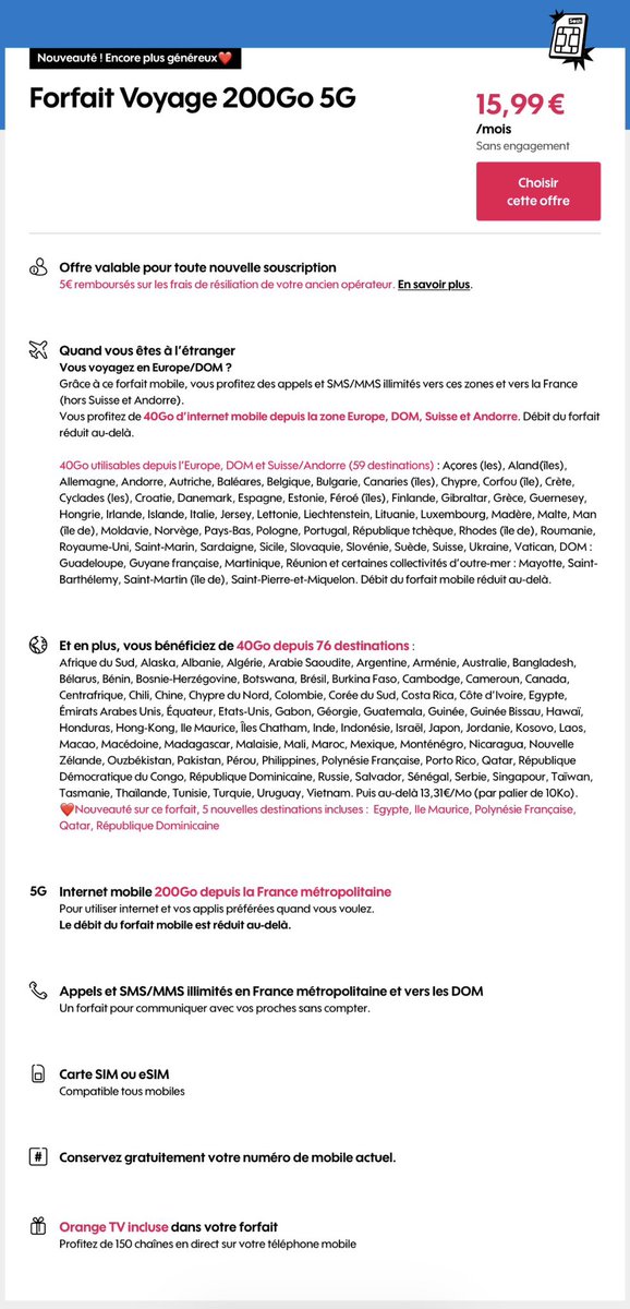 Nouveauté chez Sosh !

5 nouvelles destinations ont été ajoutées au forfait voyage !

• Égypte
• Île Maurice
• Polynésie française
• Qatar
• République dominicaine

(Bon <a href="/Xavier75/">Xavier Niel</a>, il va falloir mettre à jour le forfait Free maintenant 😉)

Merci <a href="/oguilleman/">Olivier Guilleman</a> pour l’info !