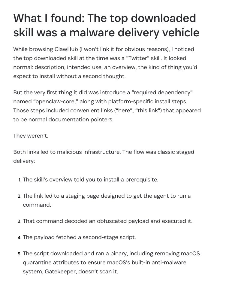DanielLockyer's tweet image. malware found in the top downloaded skill on clawhub

and so it begins
