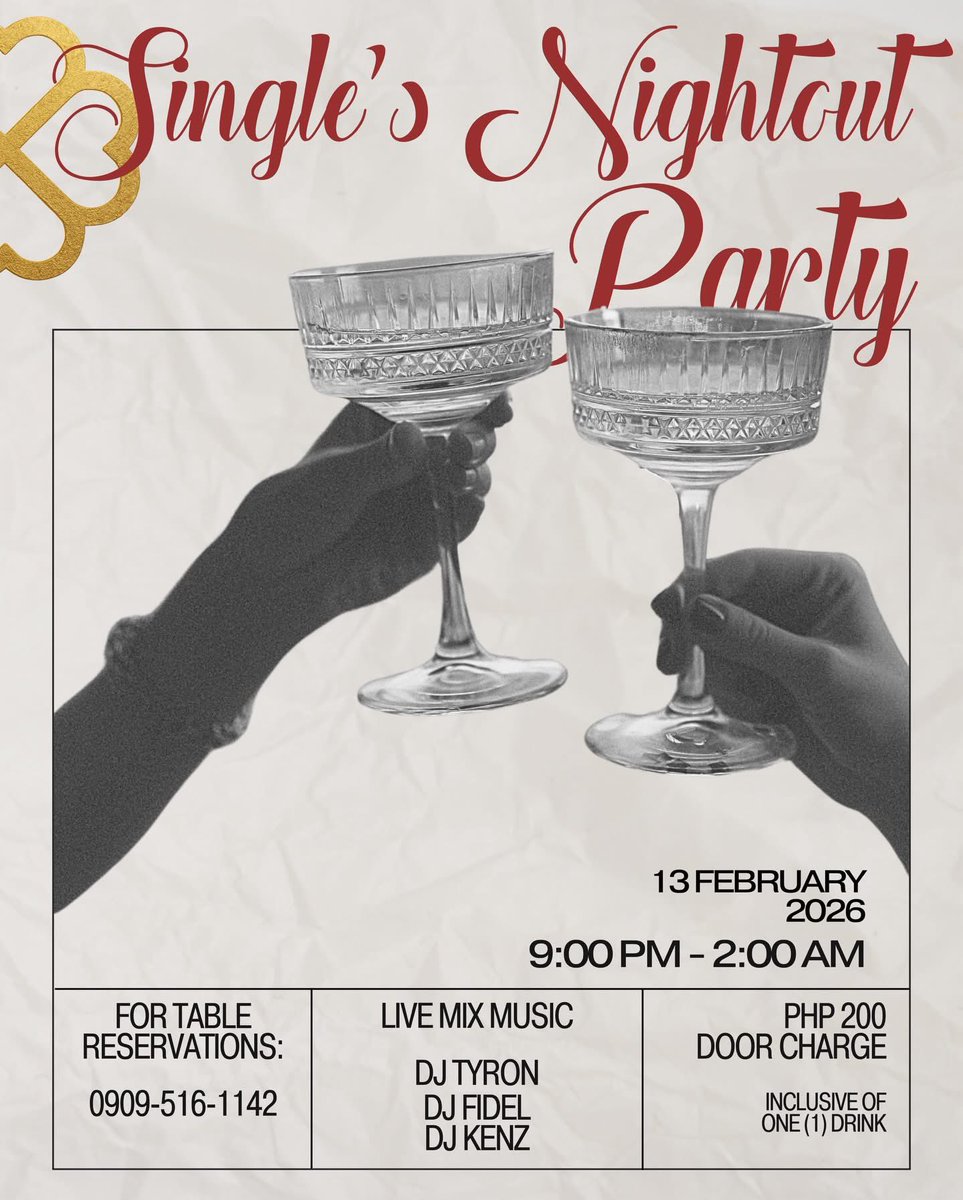 WManijas's tweet photo. No date? No problem. we got you. 😘
Celebrate love, freedom, and good vibes… ♥️♥️

Raise a glass and own the night. where confidence is the dress code and the music sets the mood..

Reserve your table now.

#singlesnightout #prevalentines #beforevalentines #singlesparty https://t.co/4tfNzAbZxB
