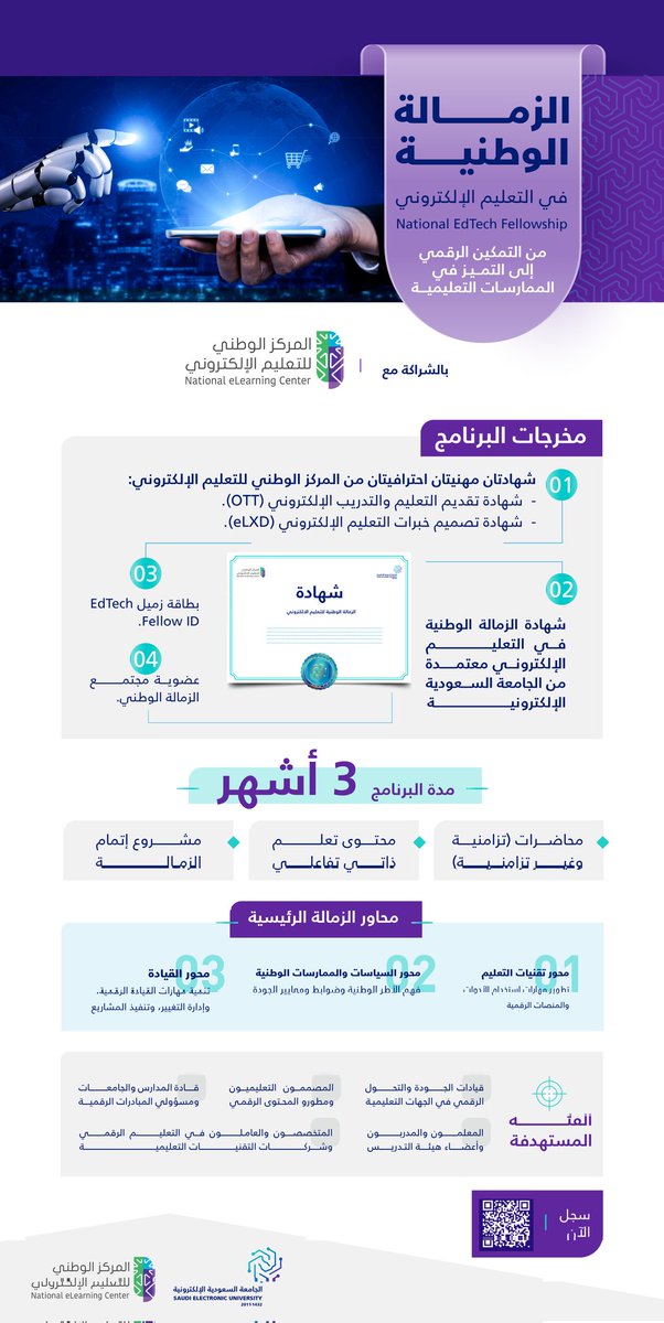 💻تعلن الجامعة السعودية الإلكترونية بالشراكة مع المركز الوطني للتعليم الإلكتروني عن إطلاق الزمالة الوطنية في التعليم الإلكتروني، 
رحلة احترافية لبناء قادة التميز في التعليم الرقمي من التمكين إلى الأثر في الممارسات التعليمية
🔗للتسجيل:
ubprog.seu.edu.sa/nef/zamala

<a href="/NELC_SA/">المركز الوطني للتعليم الإلكتروني</a>