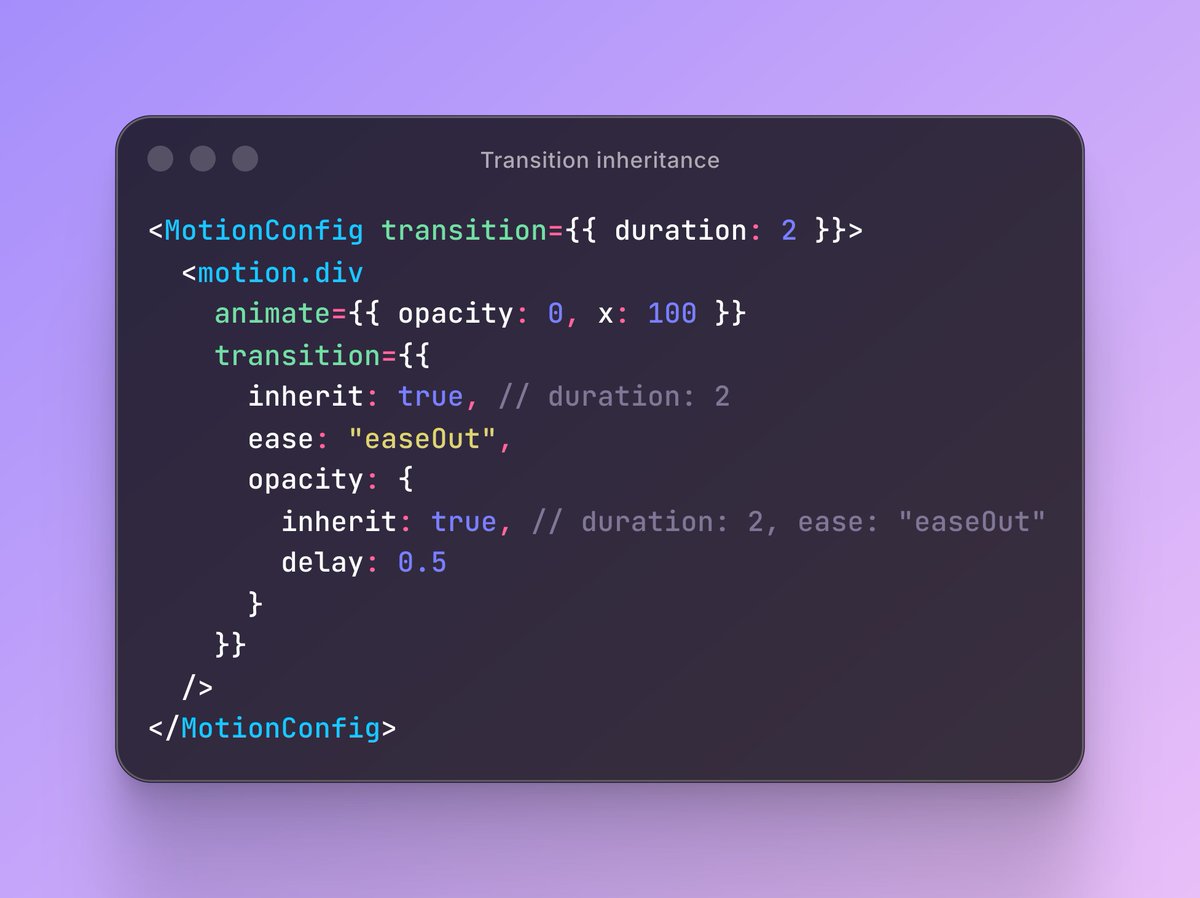 motiondotdev's tweet image. Motion 12.32 introduces transition inheritance.

Any transition can now merge in the settings from its parents by simply setting inherit: true 💪
