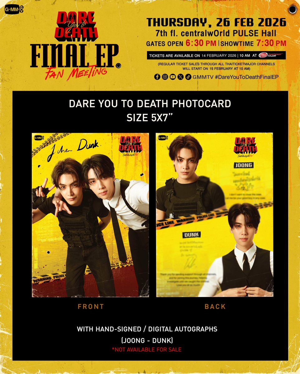 มาร่วมปิดคดีไปด้วยกันที่งาน
“Dare You To Death: Final EP. FAN MEETING”
#DareYouToDeathEP7

ร่วมรับชมตอนจบของซีรีส์ 'Dare You To Death ไขคดีเป็น เห็นคดีตาย' พร้อมนักแสดงและผู้กำกับ พิเศษ! ร่วมพูดคุยและชมโชว์สุด Exclusive จากนักแสดง!

THU, 26 FEB 2026
7th FL. centralwOrld PULSE