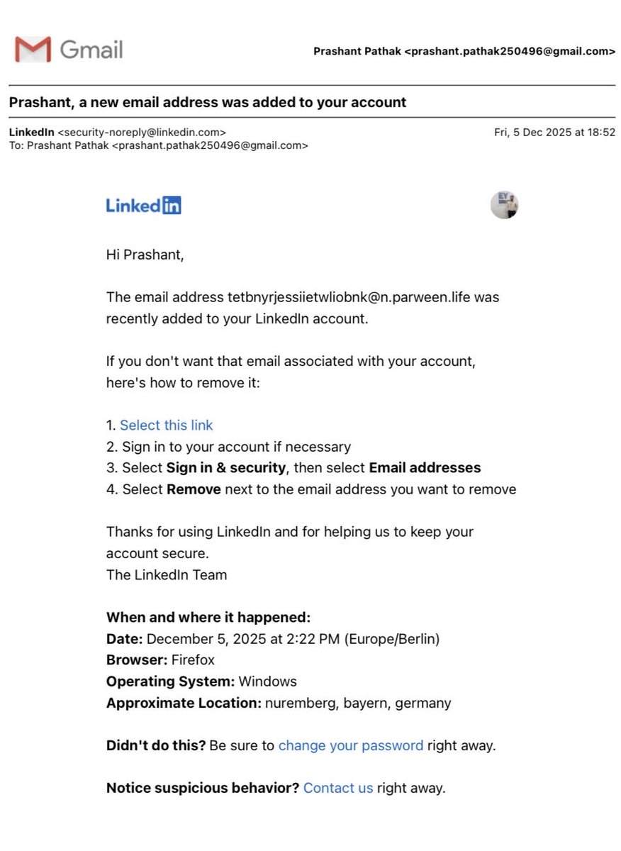 beingpathak07's tweet photo. @LinkedInHelp
My LinkedIn account remains restricted On Dec 5, 2025, LinkedIn confirmed an unknown email was added from Germany (Firefox/Windows) not me. I secured my account and shared proof. Requesting urgent restoration.
Profile: https://t.co/epcfyRhawe https://t.co/ASVLOIbBgT